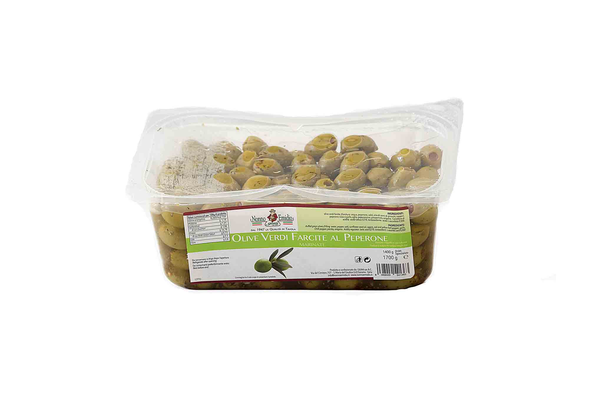 Olive Verdi al Peperone marinate vaschetta gr: 1,700