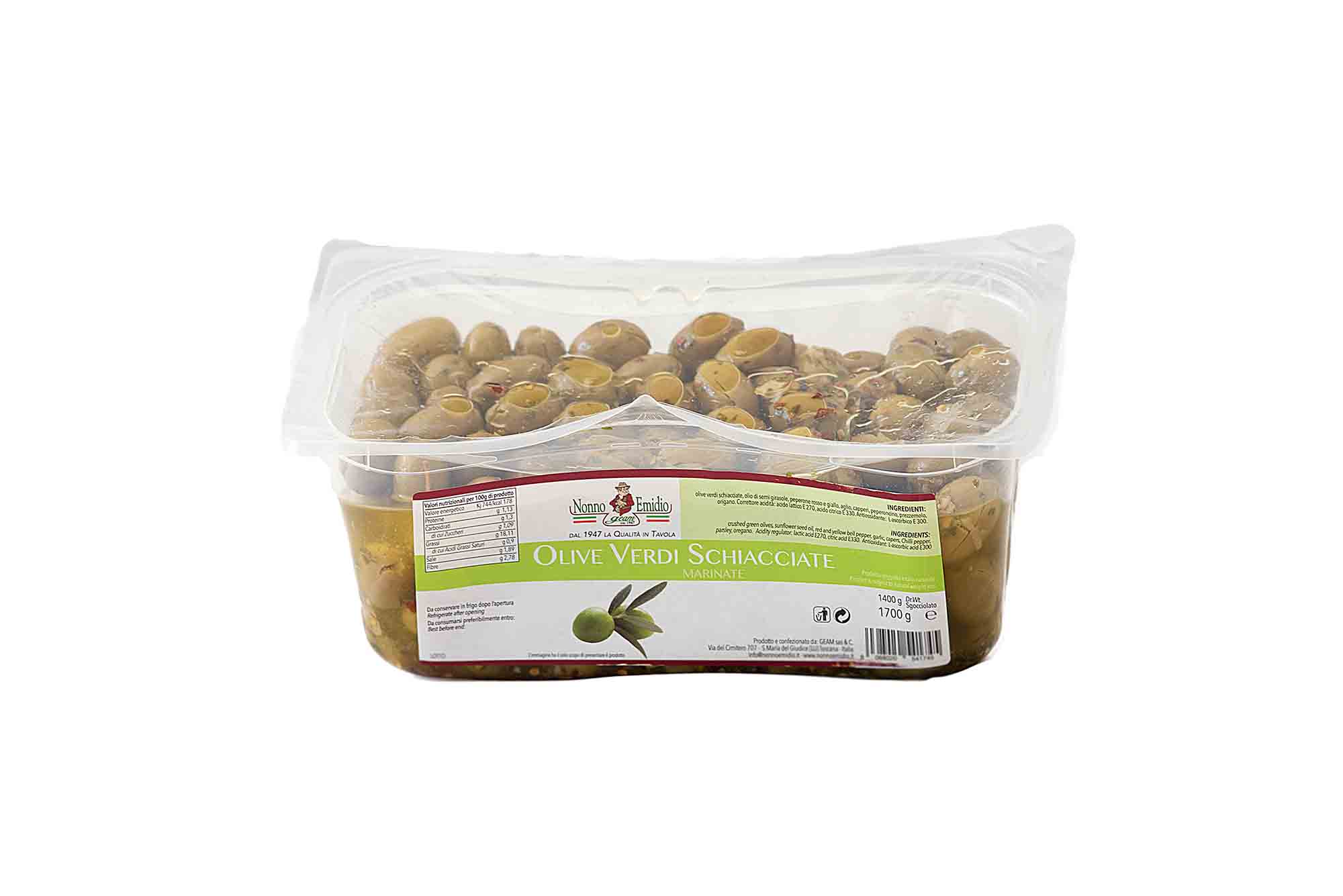 Olive Verdi Schiacciate marinate vaschetta gr: 1,700